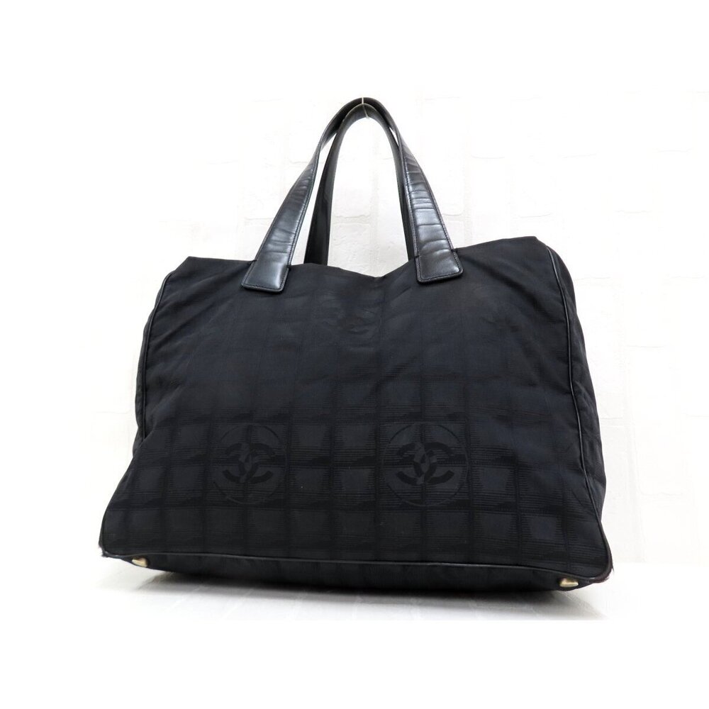CHANEL Travel Line Calf Leather Leather Tote Bag Black Gold Hardware Coco